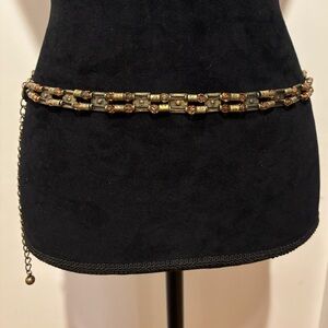 Vintage 90s Brass Metal Waist Belt with Amber Beads & Extender Chain Size 31.5”L